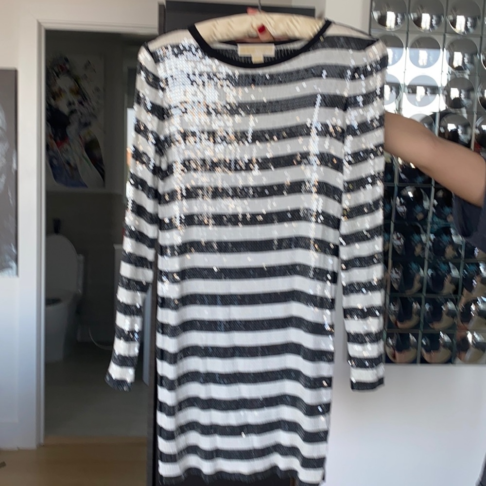 Michael Kors Black and White Stripped Sequin Dress